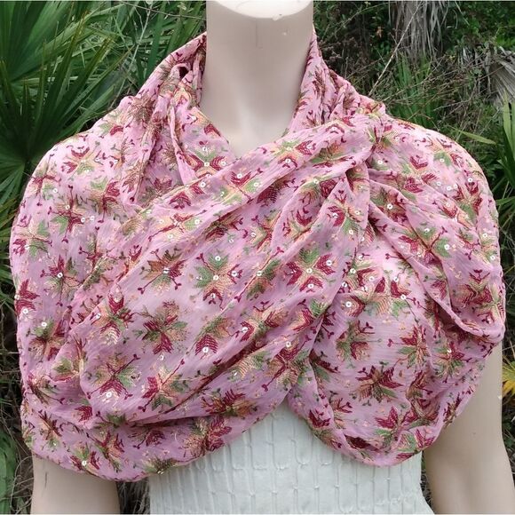 NWOT RAJ Pink & Multicolored Embroidered Stars Sequins Silk India Scarf/Wrap - Picture 1 of 11